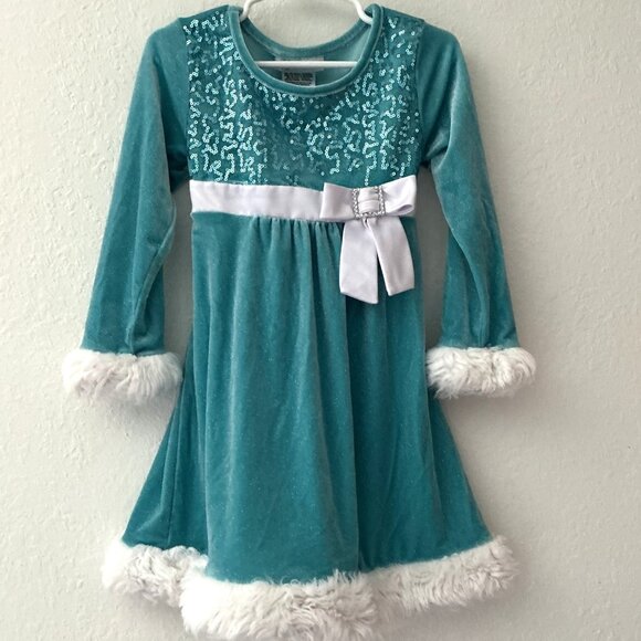 BONNIE JEAN VELOUR FAUX FUR CHRITMAS HOLIDAY SPARKLE SEQUIN DRESS - Picture 1 of 8
